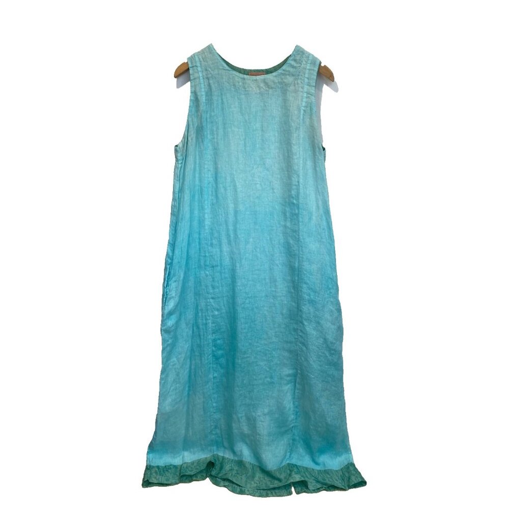 Steel Pony Linen Silk Maxi Dress Size 2 Large Teal Blue Sleeveless A-Line Pocket